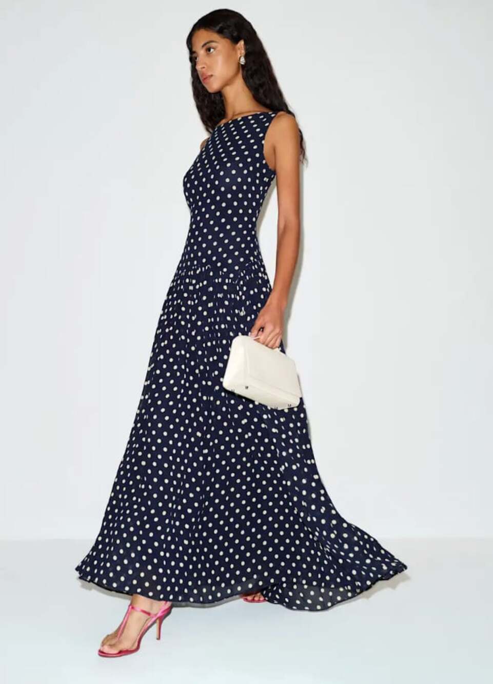 Reformation NWT Camella Dress in Navy Orion Dot Size 8 Drop Waist Maxi
